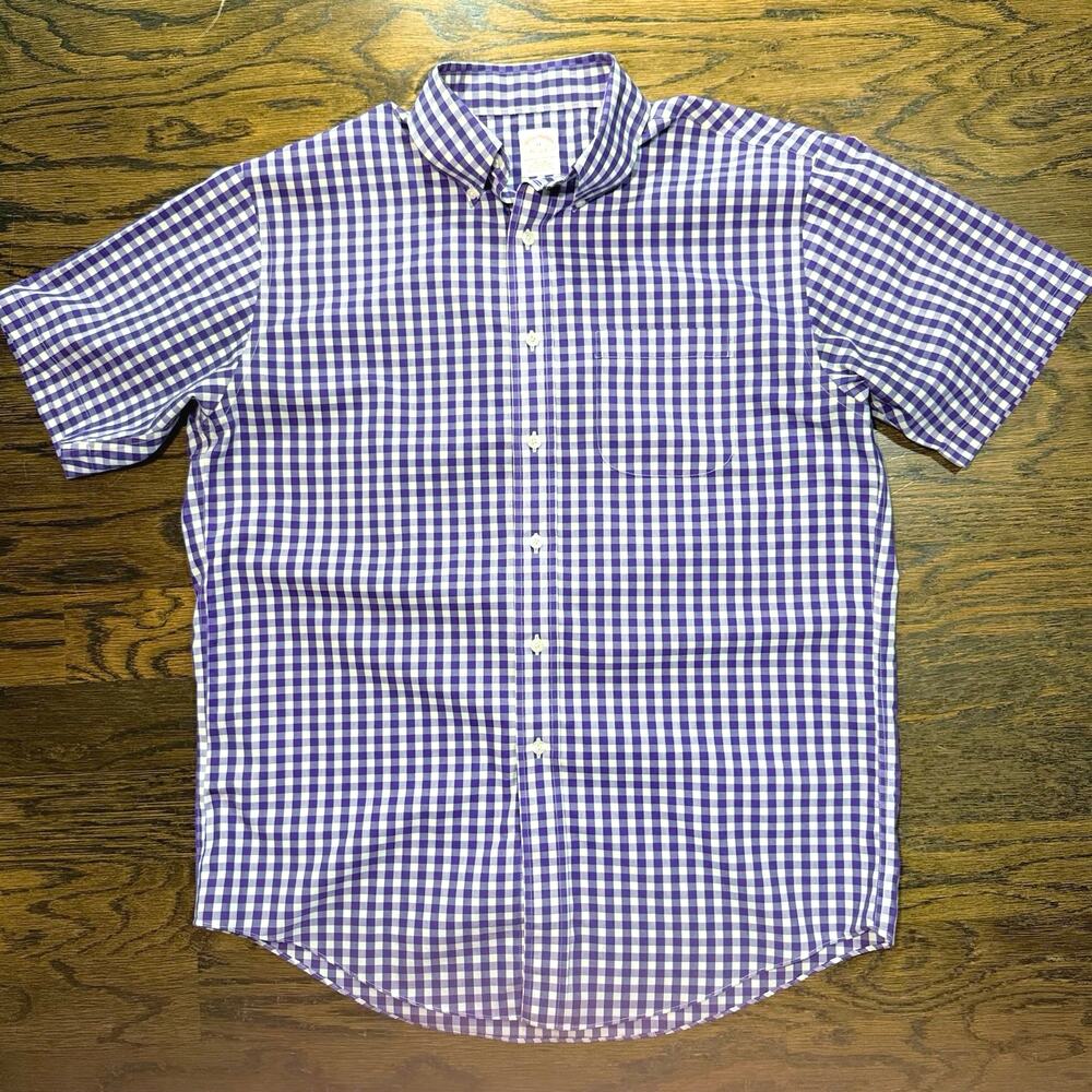 Brooks Brothers Non-Iron Gingham Short Sleeve Shirt Mens M Purple Supima Cotton